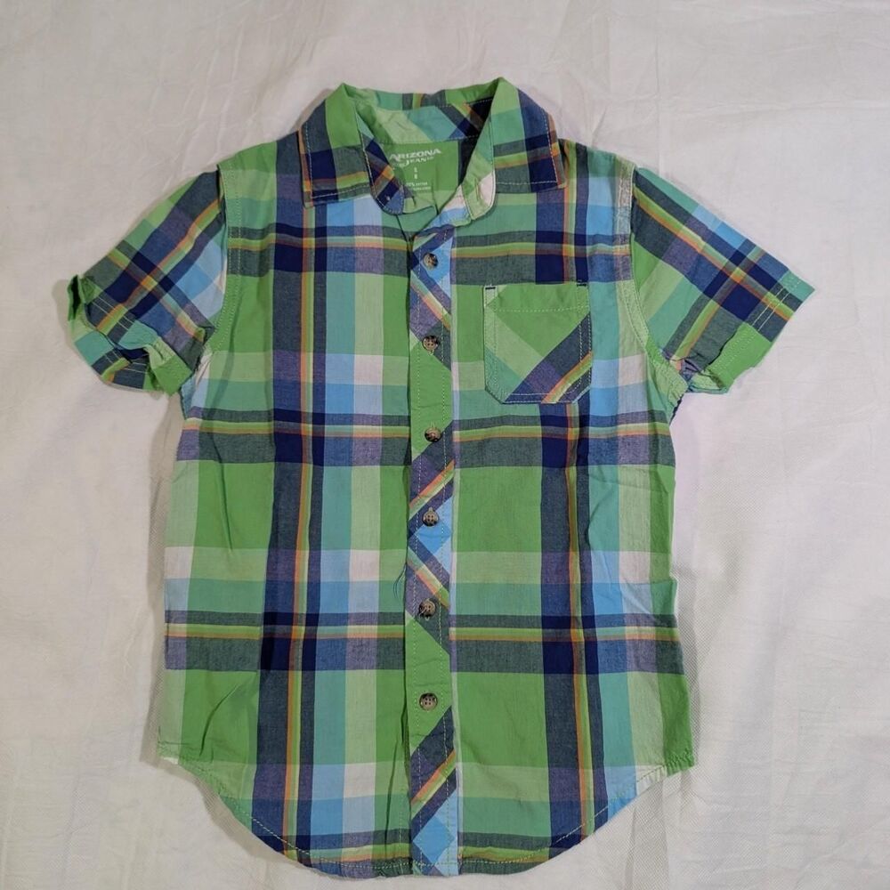 Boy's youth small size 8 green checkered button up short sleeved Shirt